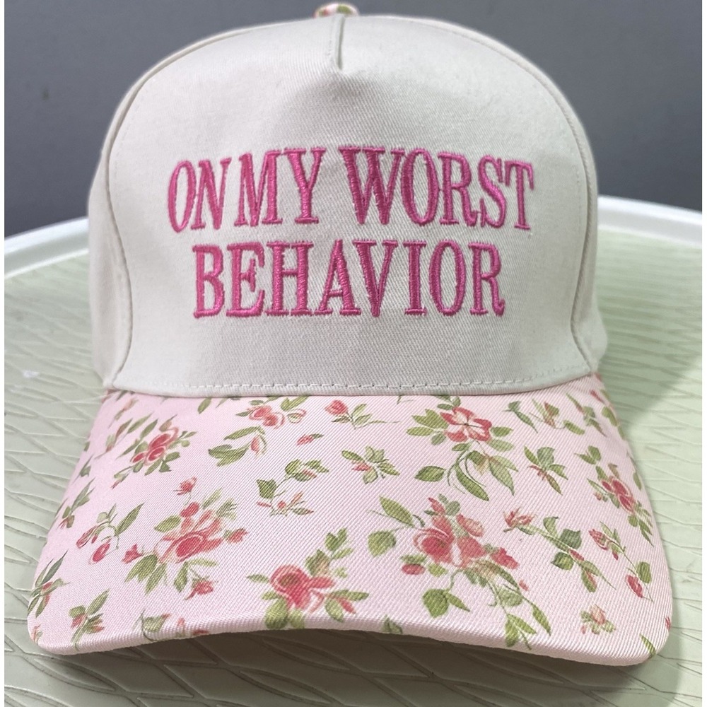 On My Worst Behavior Women Embroidered Hat Adjustable Ivory Pink Floral NEW